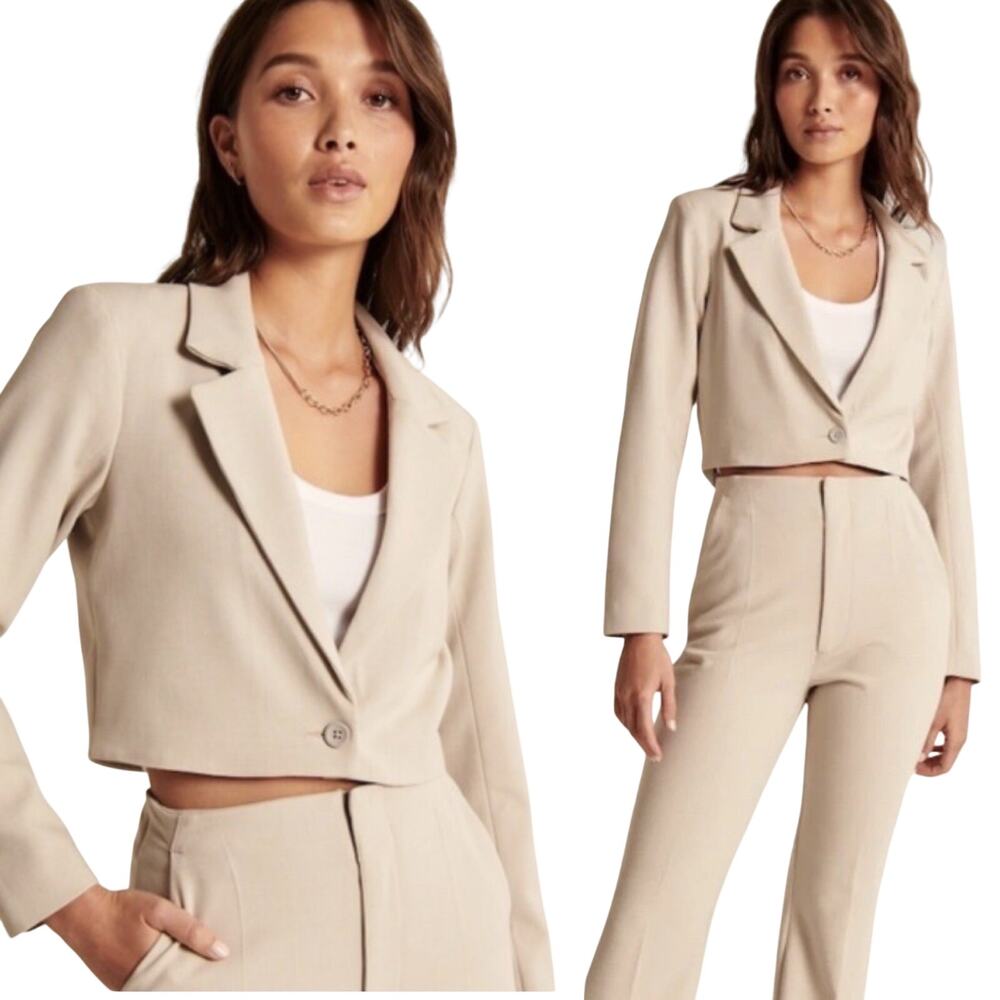 Abercrombie & Fitch Cropped Blazer Jacket Tailored Beige NEW Womens Small